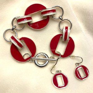 CHAPS Silver Tone and Red Enamel Bracelet & Earrings Set with Nautical Vibe